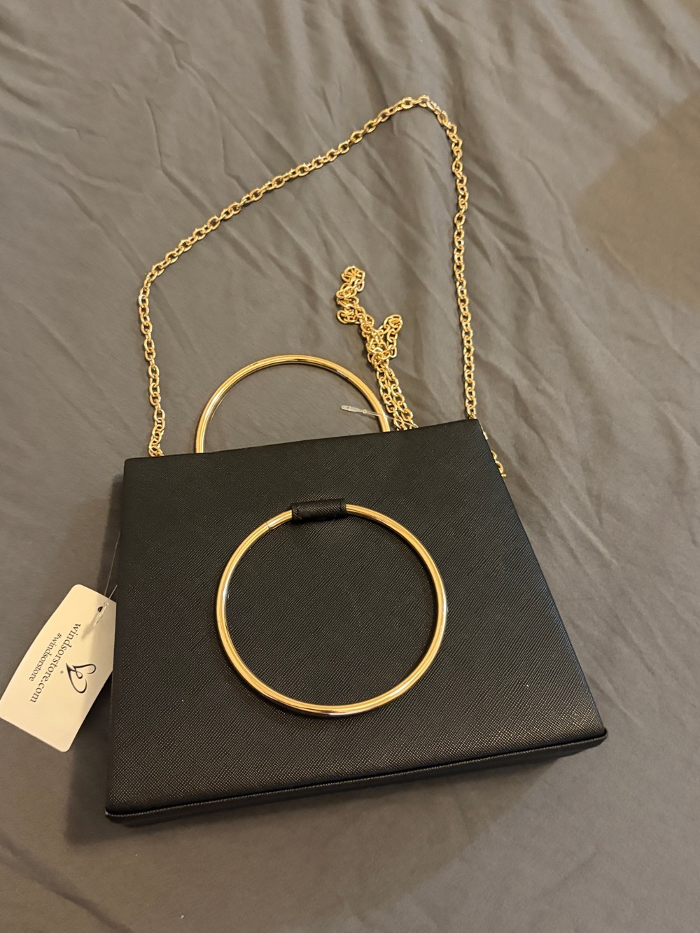 Windsor Small Black Crossbody Bag with Gold Ring Handle and Chain